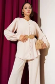 V Yaka Brit Düğmeli Ayrobin İkili Takım Bej thumbnail 2