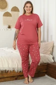 Kalp Baskılı Kısa Kol Büyük Beden Pijama Takım Gül Kurusu thumbnail 1