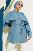 Pelerinli İp Kuşaklı Gömlek Indıgo thumbnail 1