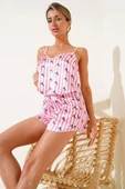 LS Baskılı Askılı Saten Pijama Takımı Çizgili Pembe thumbnail 2
