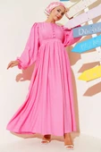 Brit Düğmeli Kuşaklı Elbise Pembe thumbnail 1