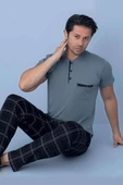Göğüs Cep Detaylı Kısa Kol Erkek Pijama Koyu Gri thumbnail 1