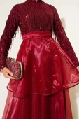 Pul Payetli Püsküllü Abiye Elbise Bordo thumbnail 4