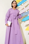 Yarım Düğmeli Bağlamalı Terikoton Elbise Lila thumbnail 2