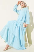 Yarım Düğmeli Hakim Yaka Müslin Elbise Mavi thumbnail 1