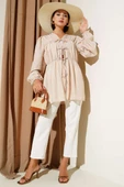Önü Büzgülü Bilekleri Lastikli Kimono Bej thumbnail 2