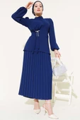 Yan Büzgülü Pileli Etekli İkili Takım Lacivert - 1