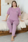 Flowery Nakışlı Kısa Kol Büyük Beden Pijama Takım Magenta thumbnail 1