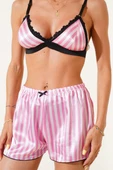 Karışık Desenli Şortlu Saten Gecelik Takım Çizgili Pembe thumbnail 4