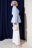 Kuşak Büzgülü Yarım Düğmeli Tunik Mavi thumbnail 3