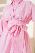 Kendinden Kuşaklı Önü Büzgülü Tunik Pembe thumbnail 4