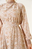 Etek Pileli Kol Pileli Desen Elbise Bej - 4