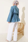 Kuşak Büzgülü Yarım Düğmeli Tunik Indıgo thumbnail 3