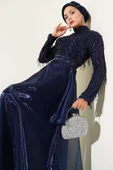 Pul Payetli Püsküllü Abiye Elbise Lacivert thumbnail 2