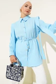 Taş Düğmeli Omuz Pileli Gömlek Buz Mavisi thumbnail 1