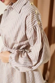 Çizgili Balon Kol Bel Lastikli Tunik Latte thumbnail 4