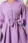 Yarım Düğmeli Bağlamalı Terikoton Elbise Lila thumbnail 4