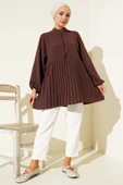 Önü Yarım Fermuarlı Pileli Tunik Kahve thumbnail 2