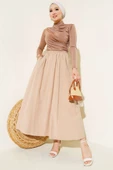 Kloş Bel Lastikli Cepli Tencel Etek Latte thumbnail 2