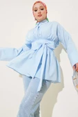Kendinden Kuşaklı Önü Büzgülü Tunik Mavi thumbnail 1