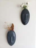 Dekoratif 2'li Yüz Duvar Vazosu, Duvar Süsü ,Heykel Aksesuar Siyah Antrasit Maske thumbnail 3