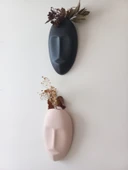 Dekoratif 2'li Yüz Duvar Vazosu, Duvar Süsü ,Heykel Aksesuar Siyah Bej maske thumbnail 2