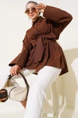 Kendinden Kuşaklı Önü Büzgülü Tunik Kahve thumbnail 1