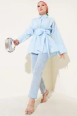 Kendinden Kuşaklı Önü Büzgülü Tunik Mavi thumbnail 2