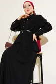 Kare Düğmeli Kemerli Etekli Takım Siyah thumbnail 2
