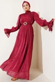 Bilekten Fırfırlı Şal Hediyeli Elbise Burgonya thumbnail 2