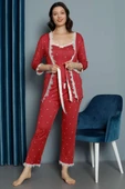 Kalp Baskılı Dantel Sabahlıklı 3lü Pijama Takım Bordo thumbnail 1