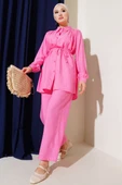 Gömlek Yaka Bel İp Kuşaklı İkili Takım Pembe thumbnail 1