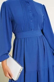 Yarım Piliseli Düğmeli Elbise Indıgo thumbnail 4