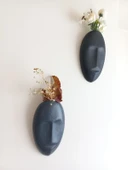 Dekoratif 2'li Yüz Duvar Vazosu, Duvar Süsü ,Heykel Aksesuar Siyah Antrasit Maske thumbnail 2