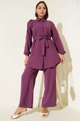 Belden Bağlamalı Omuz Düğmeli İkili Takım Magenta thumbnail 2
