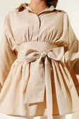 Kendinden Kuşaklı Önü Büzgülü Tunik Latte thumbnail 4