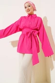 Kendinden Kuşaklı Önü Büzgülü Tunik Fuşya thumbnail 1