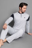 Kol Şeritli Uzun Kol Erkek Pijama Takımı Gri thumbnail 2