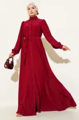 Boydan Düğmeli İp Kuşaklı Elbise Bordo thumbnail 1