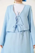 İp Bağcık Kimono Etekli İkili Takım Mavi thumbnail 4
