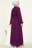 Şifon Kolları Taşlı Abiye Elbise Mor thumbnail 3