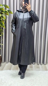 Kadın Büyük Beden Kapşonlu Fermuarlı Suni Deri Tesettür Kap Su Geçirmez Dış Giyim thumbnail 10