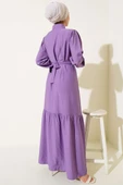 Boydan Düğmeli Volanlı Elbise Lila thumbnail 3