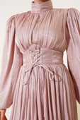 Şifon İp Bağlamalı Piliseli Abiye Elbise Pudra thumbnail 4