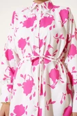 Minik Yaprak Desenli İp Kuşaklı Gömlek Fuşya thumbnail 4