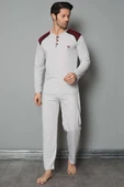 Omuz Düğmeli Uzun Kol Erkek Pijama Takım Gri thumbnail 1