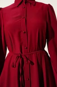 Boydan Düğmeli İp Kuşaklı Elbise Bordo thumbnail 4