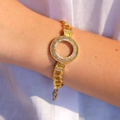 Altın Kaplama İmitasyon 2 Sıra Zirkon Taşlı Desenli Figaro Model Çeyrek Çerçeve Bileklik BLK-1159 thumbnail 2