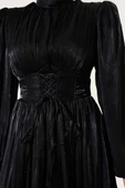 Şifon İp Bağlamalı Piliseli Abiye Elbise Siyah thumbnail 4