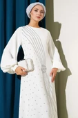 Taş Şerit Geçişli Kuşaklı Abiye Elbise Beyaz thumbnail 2